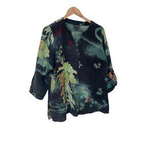 Citron Santa Monica Silk Floral Dragonfly 3/4 Sleeve Shirt L Large
